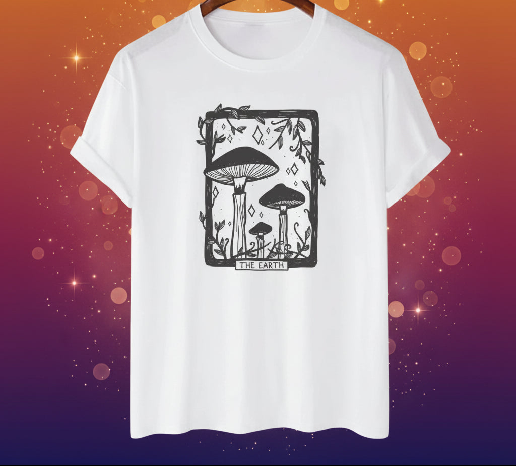 White t-shirt with black mushroom graphic on a white background