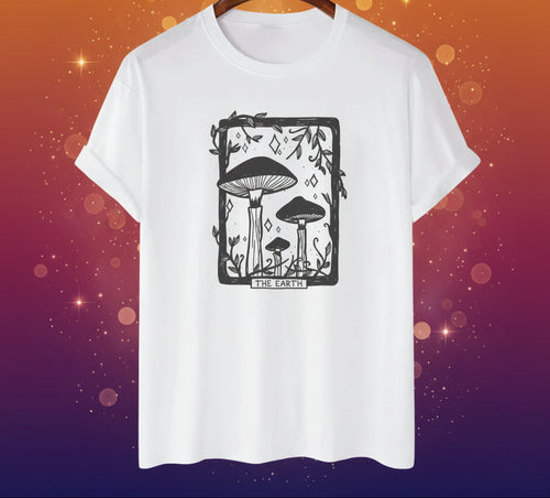 White t-shirt with black mushroom graphic on a white background