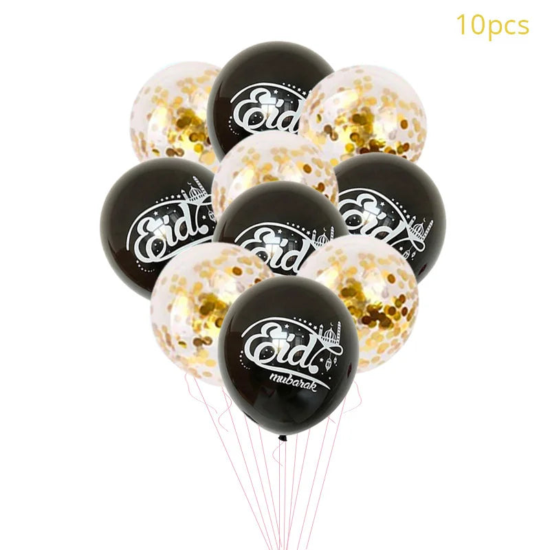 Bunch of black balloons with 'Eid' text and confetti on a white background