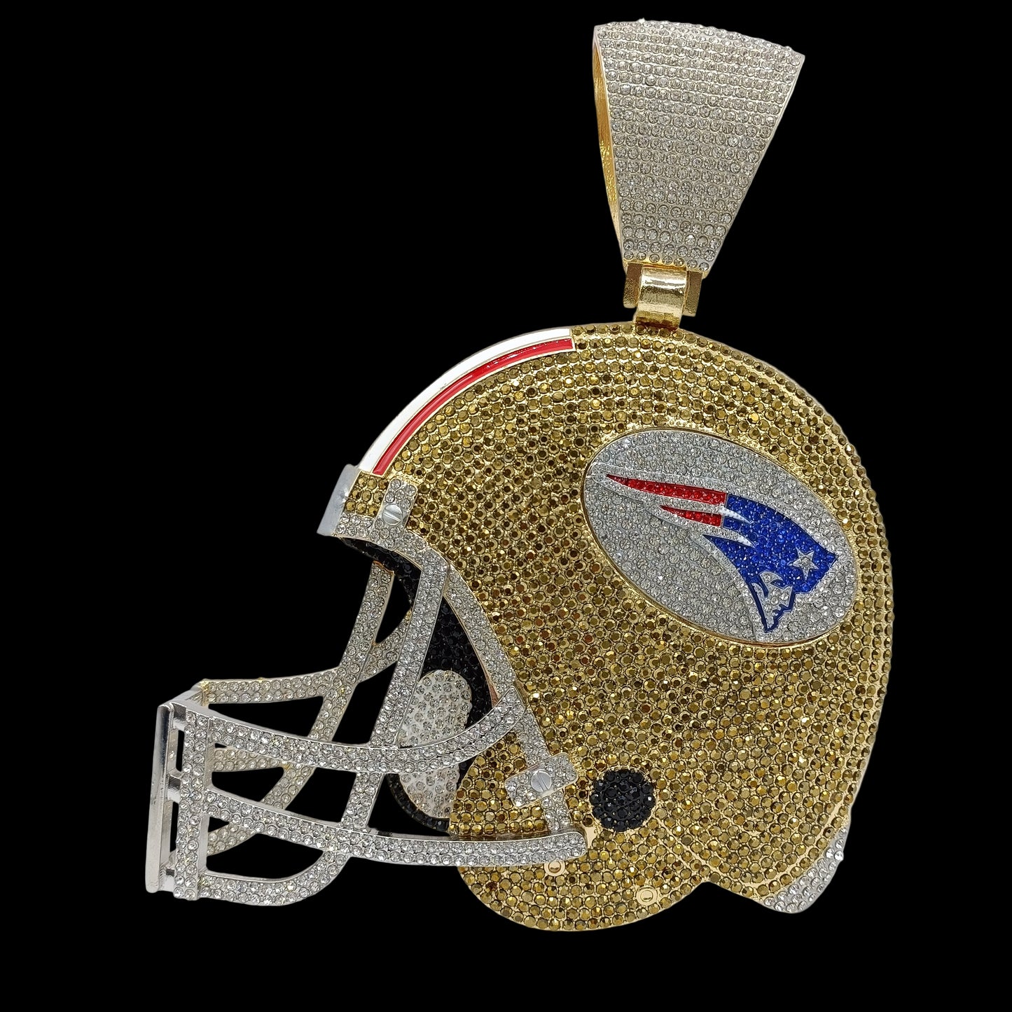 Gold helmet-shaped pendant with diamond accents on a white background