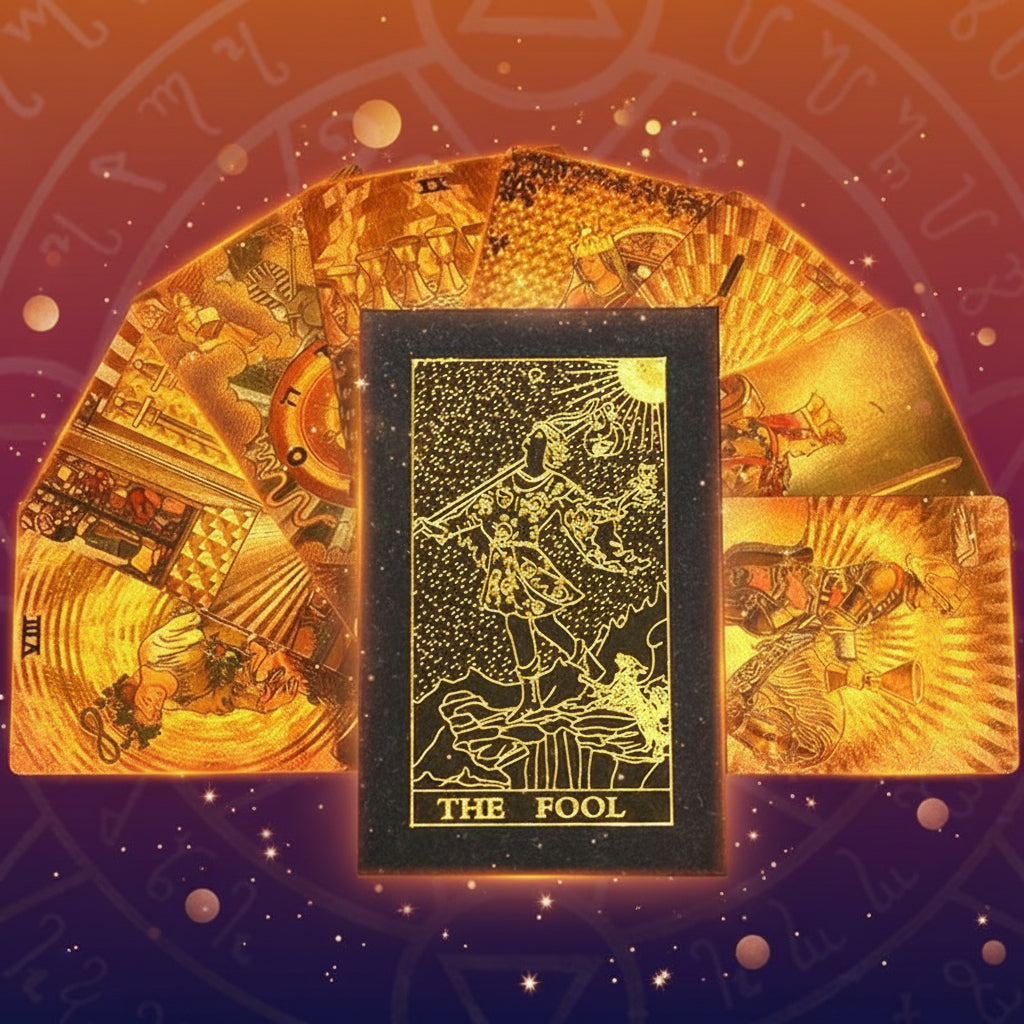Gold tarot card with 'The Fool' on a black background with astrological symbols