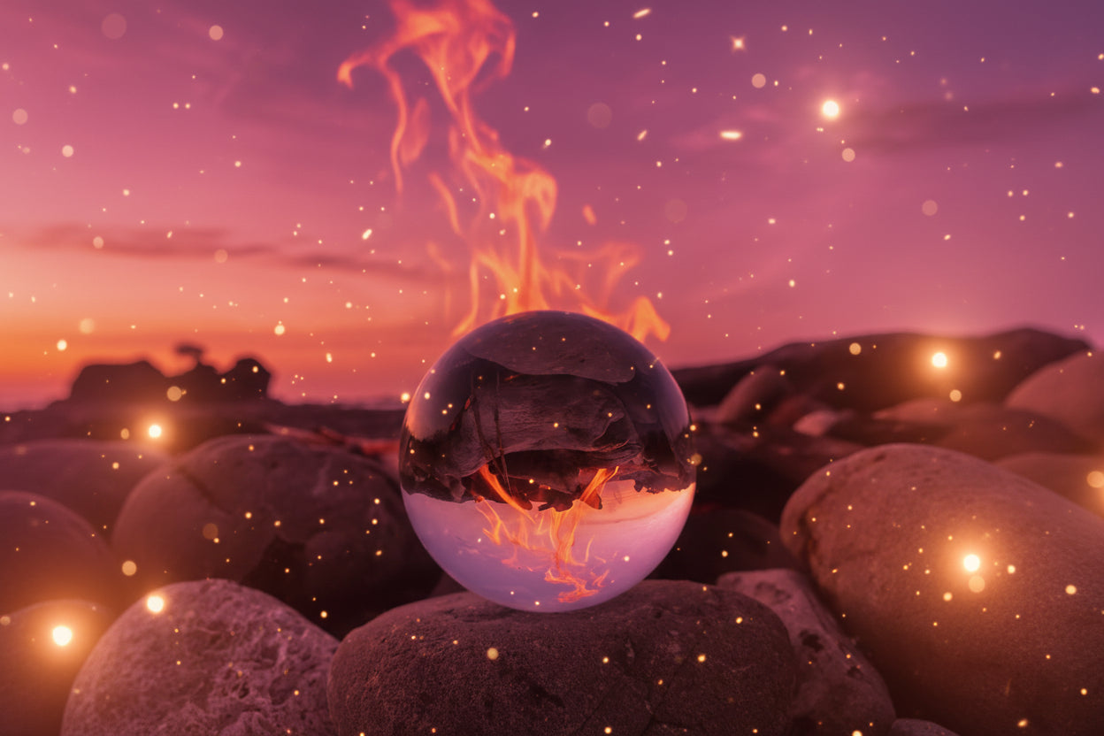 Crystal ball on rocks with reflection of flames and sky
