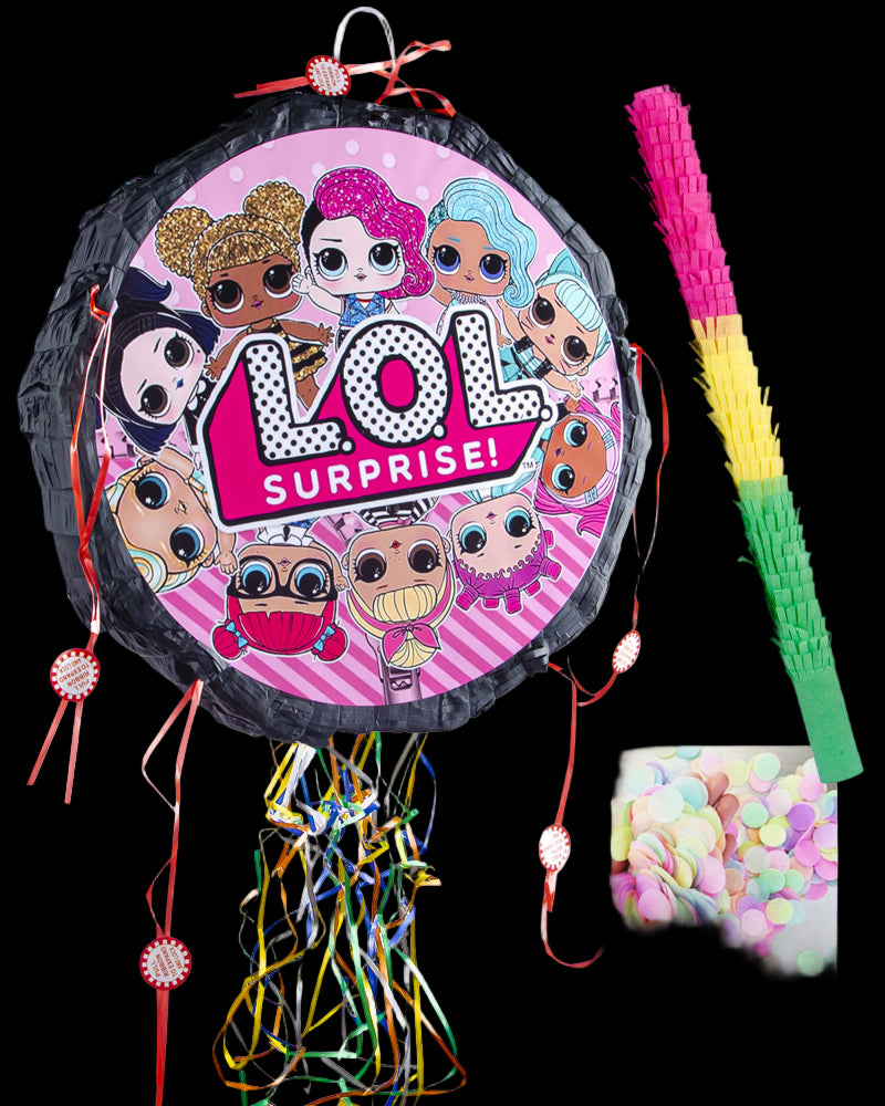 LOL Surprise! pinata with a stick and colorful confetti on a white background