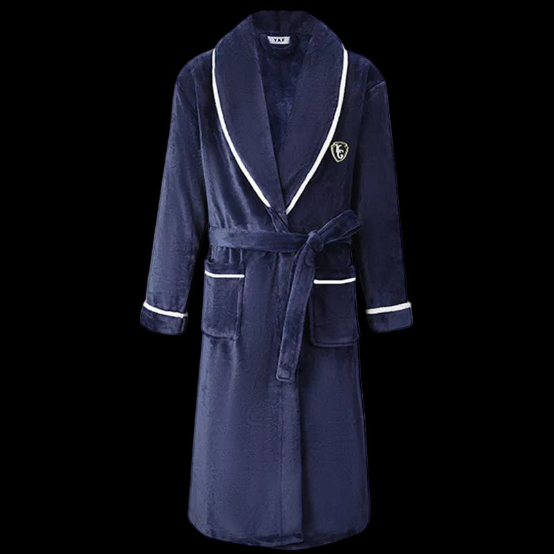 Navy blue robe with white trim on a white background