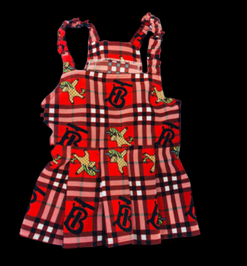 Red plaid dress with graphic designs on a white background
