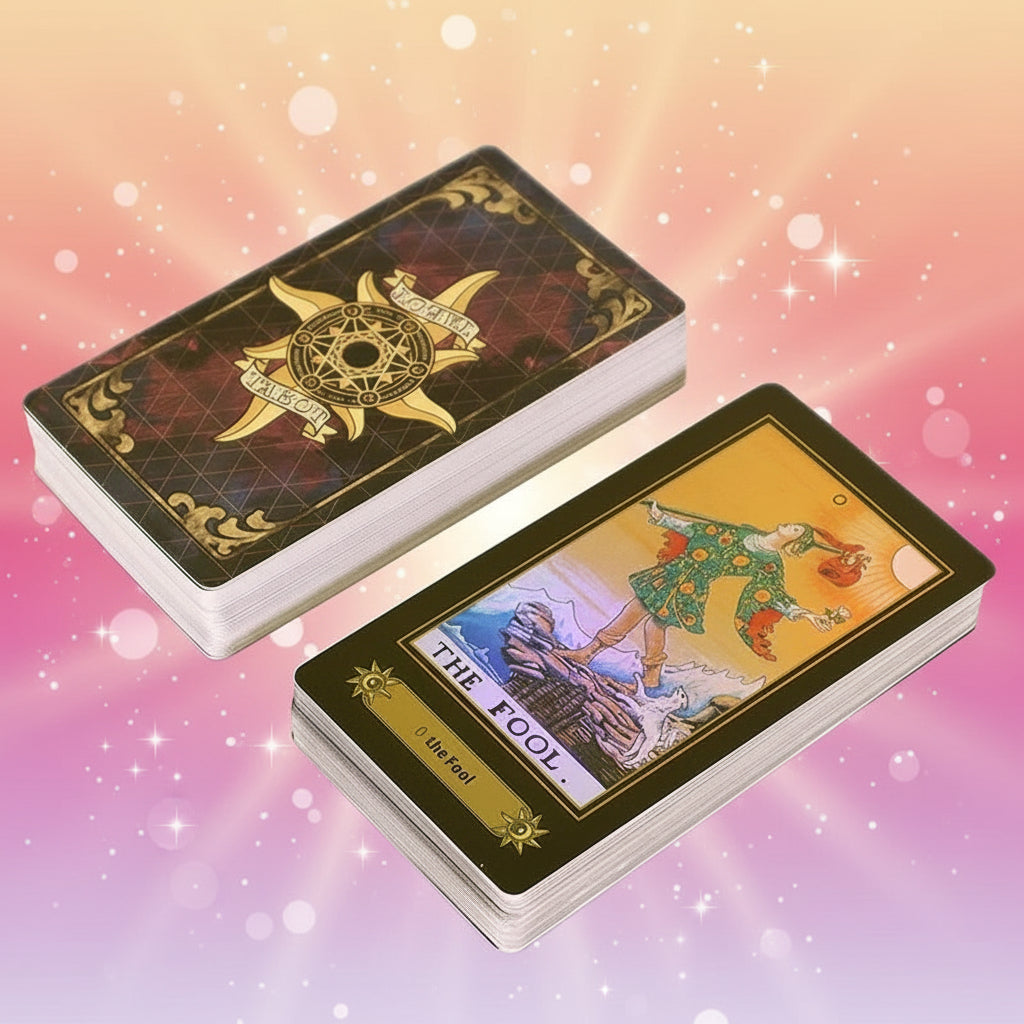 Tarot cards with 'The Fool' card face up on a white background