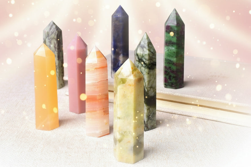 Set of colorful crystal points on a textured surface with a neutral background