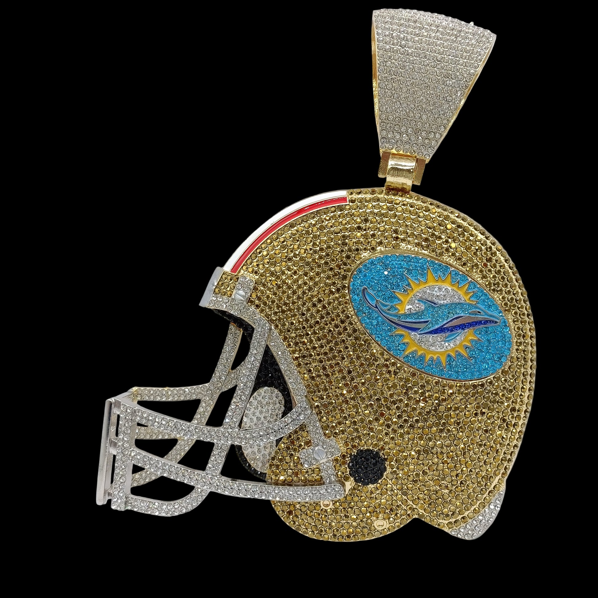Gold and silver helmet-shaped pendant with a logo on a white background