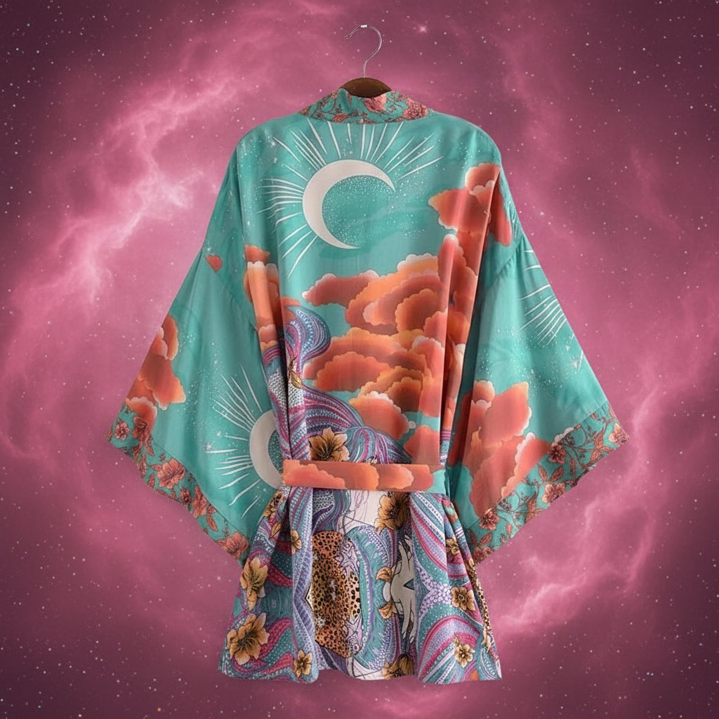 Colorful kimono with floral design on a white background