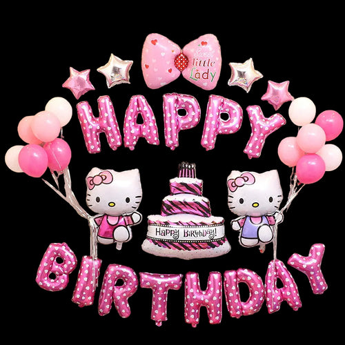 Birthday balloon set with pink 'Happy Birthday' letters, Hello Kitty balloons, and a cake-shaped balloon on a beige background.