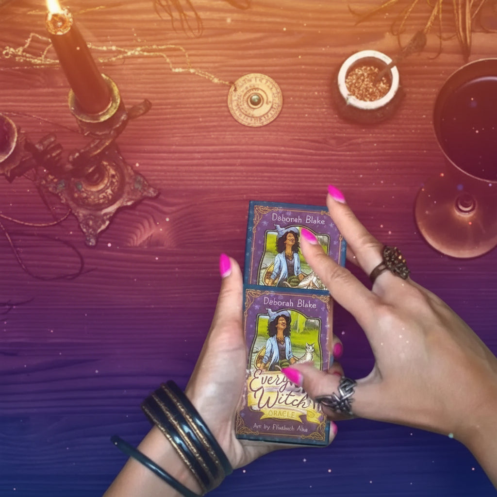 Person holding tarot cards on a wooden table with candles and other items.