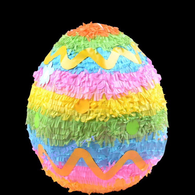 Colorful egg-shaped piñata with a zigzag pattern on a white background