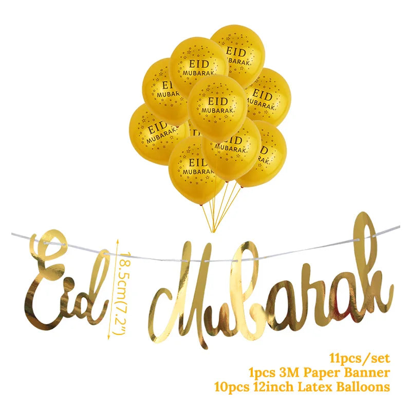 Gold 'Eid Mubarak' balloons and banner set on a white background