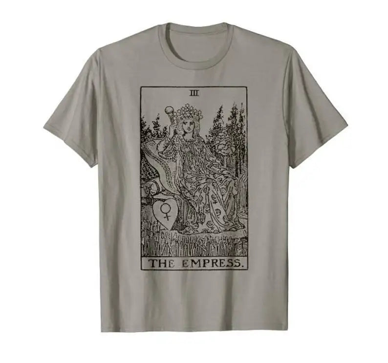 T-shirt with 'The Empress' tarot card design on a beige background
