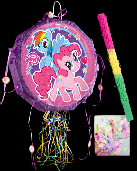 My Little Pony-themed pinata with a stick and confetti packet on a white background