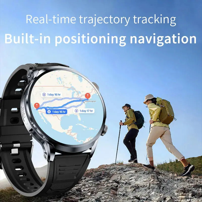 Smartwatch with map display on screen, with text 'Real-time trajectory tracking Built-in positioning navigation', and two people hiking in the background.