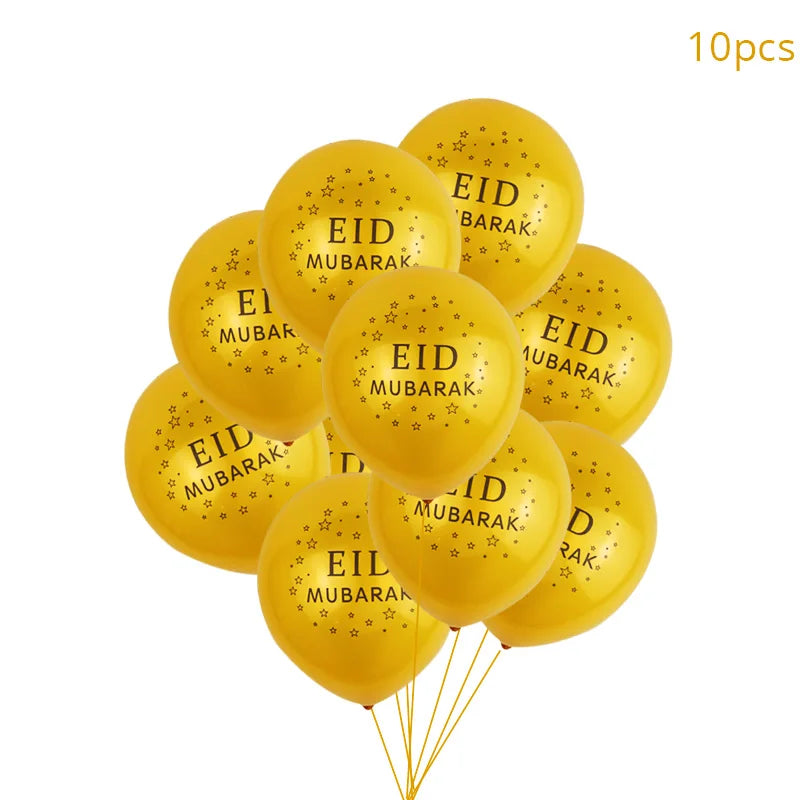 Yellow balloons with 'EID MUBARAK' text on a white background