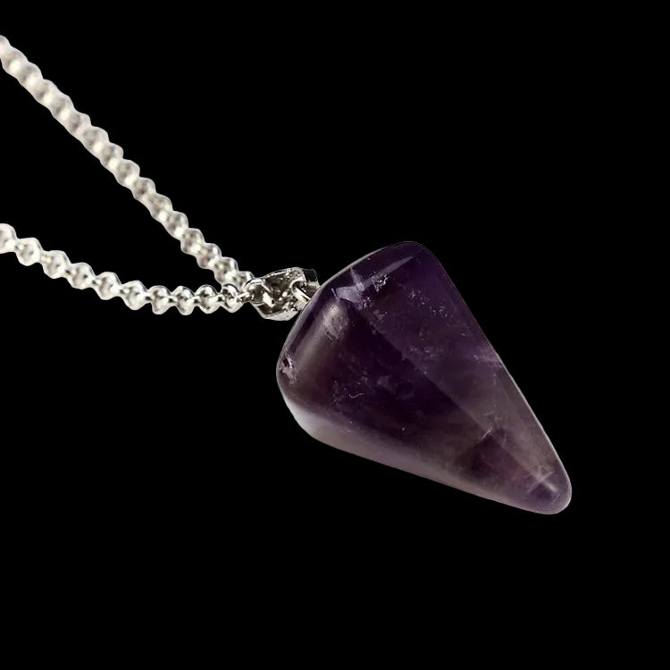 Amethyst pendant necklace on a white background