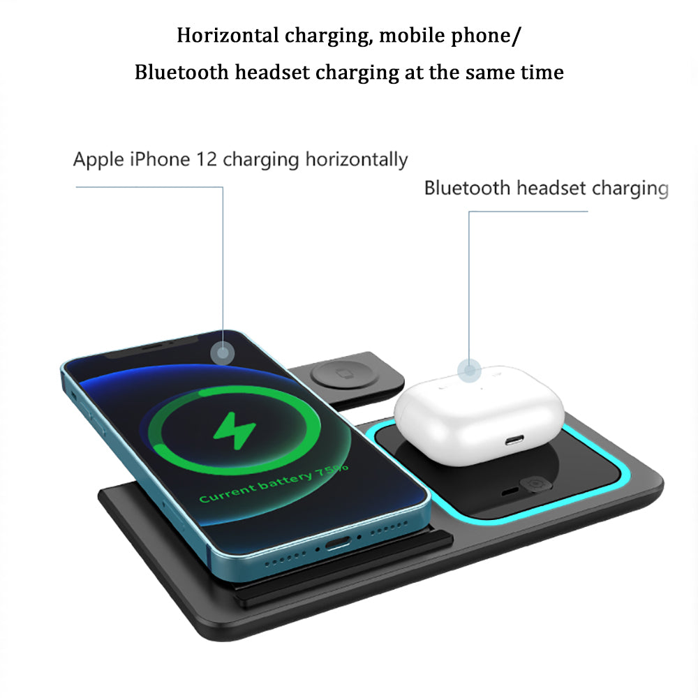 Wireless charging pad with Apple iPhone 12 and Bluetooth headset on a white background