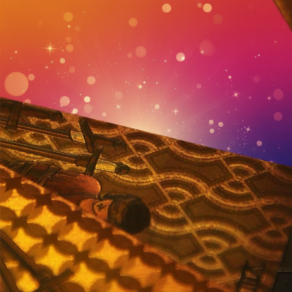 Close-up of a wooden sword and sheath on a textured surface with a wooden fence in the background.