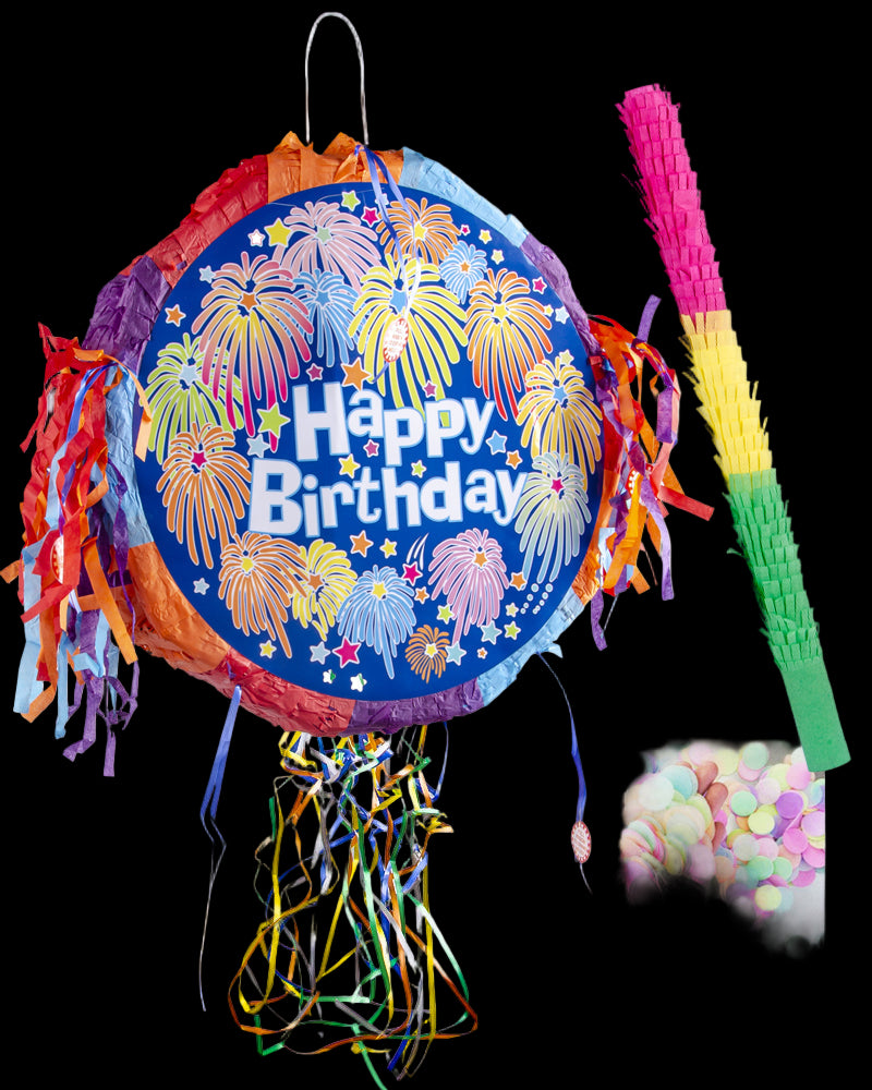 Colorful birthday piñata with a stick and confetti packet on a white background