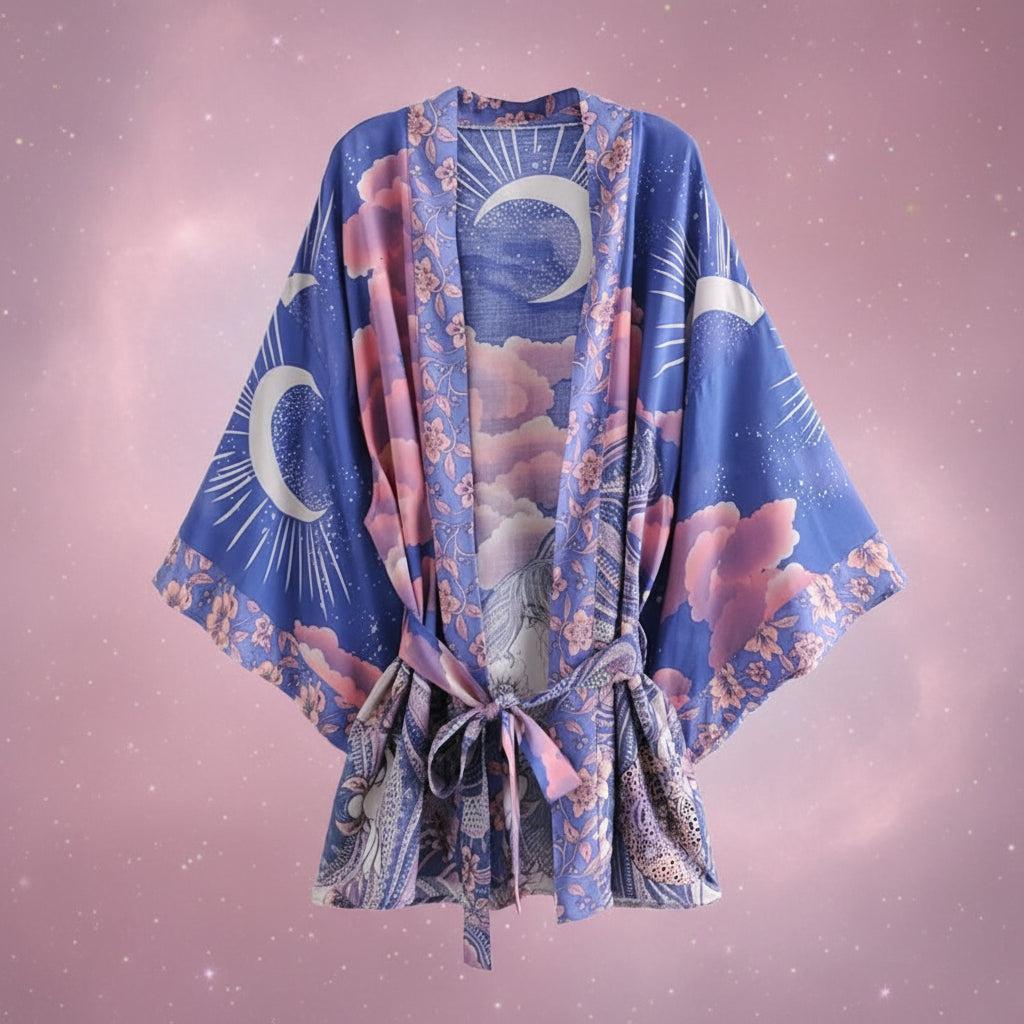 Blue kimono with pink floral and moon designs on a white background