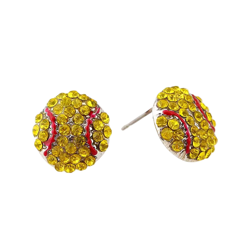 Yellow and red rhinestone earrings on a white background