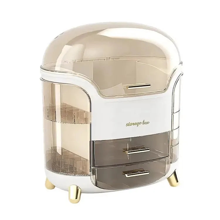 White and gold storage box with transparent sides on a white background