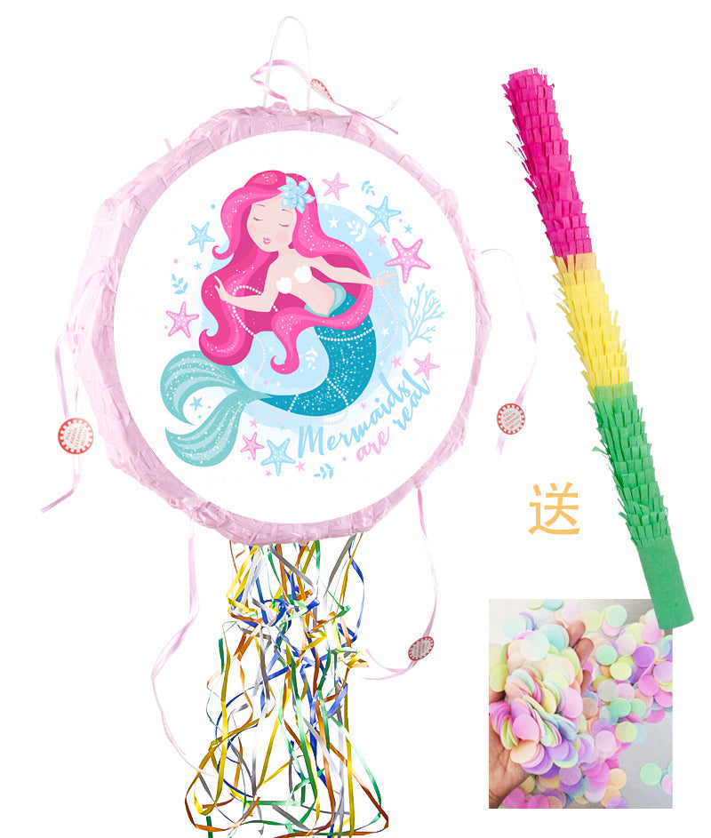 Mermaid-themed party decoration with colorful sticks and confetti on a white background