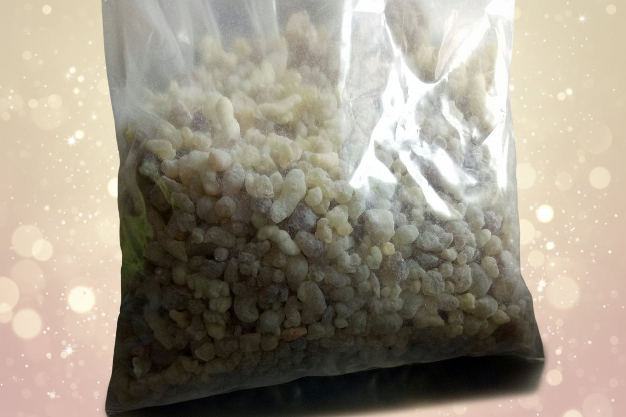 Close-up of a bag filled with small, light-colored stones or pebbles.