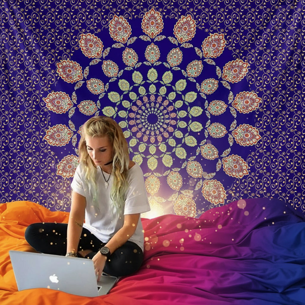 Person sitting on a bed using a laptop with a colorful tapestry in the background