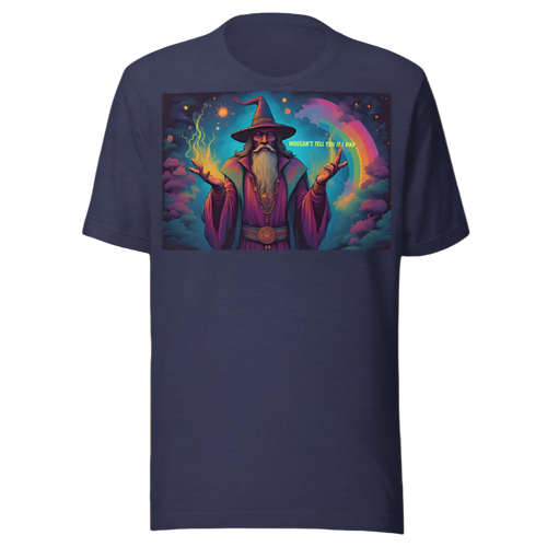 Navy blue t-shirt with a colorful graphic of a wizard on a white background
