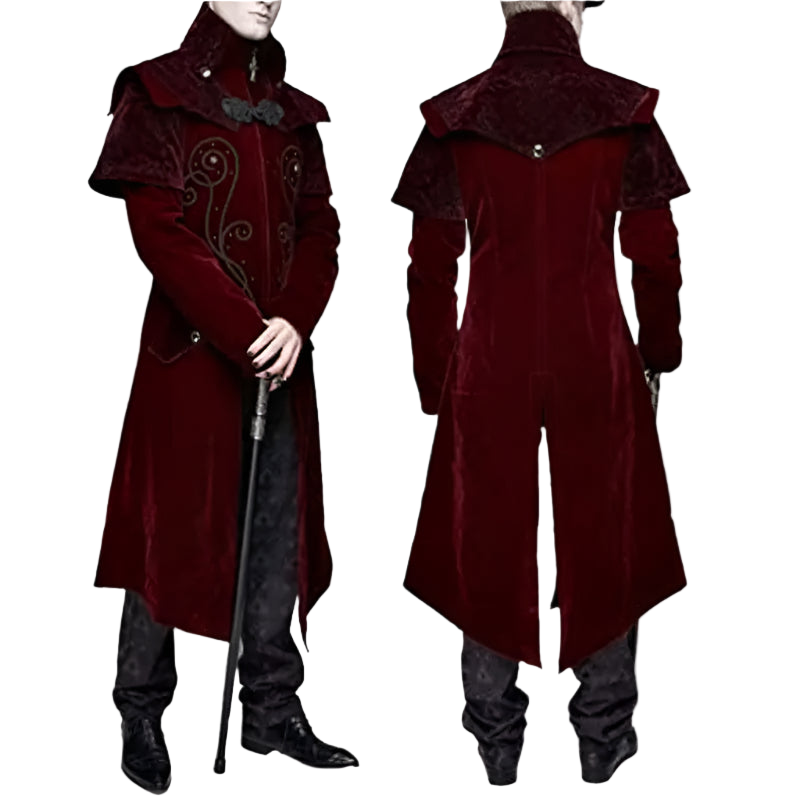 Red velvet coat with intricate designs on a white background
