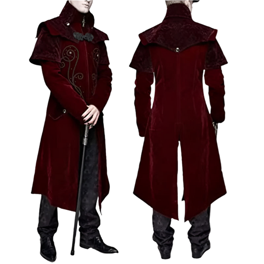 Red velvet coat with intricate designs on a white background