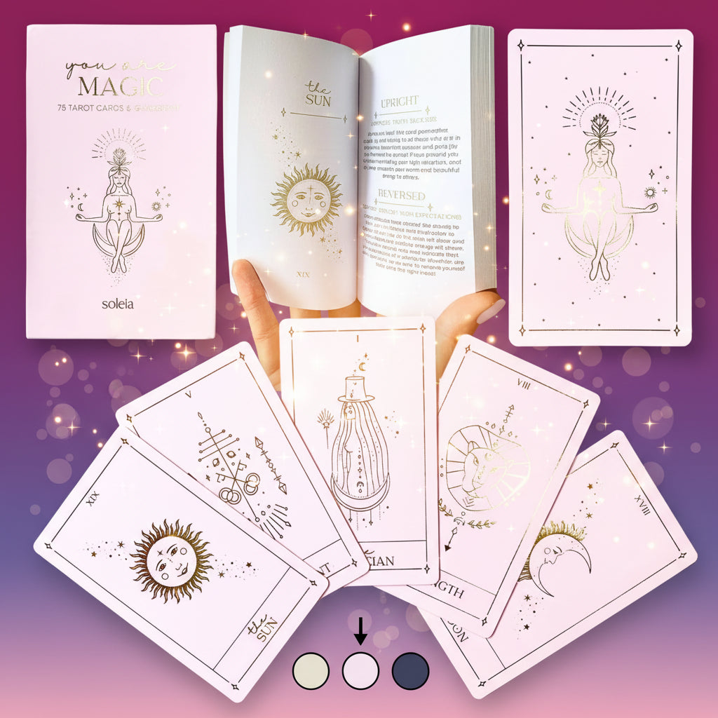 Set of tarot cards with pink and white design, featuring illustrations and text.