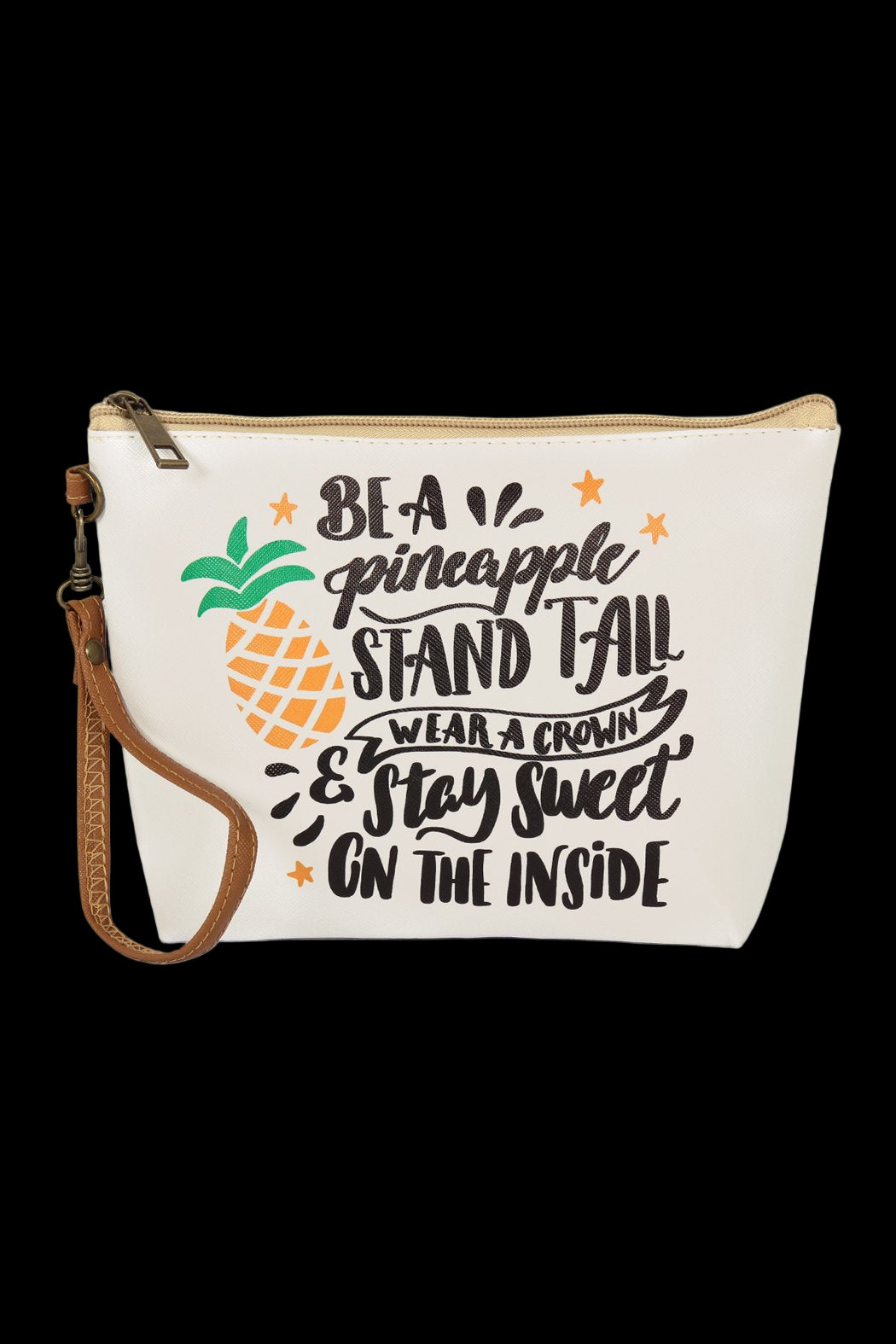Canvas pouch with pineapple design and text on a white background