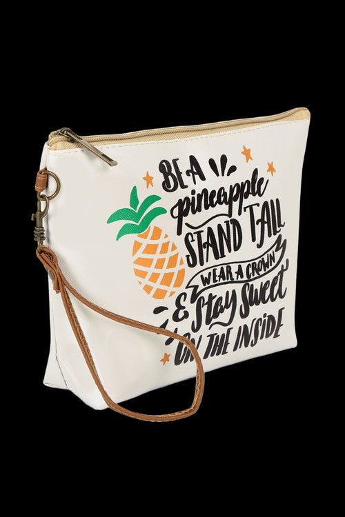 White pouch with pineapple design and text on a white background