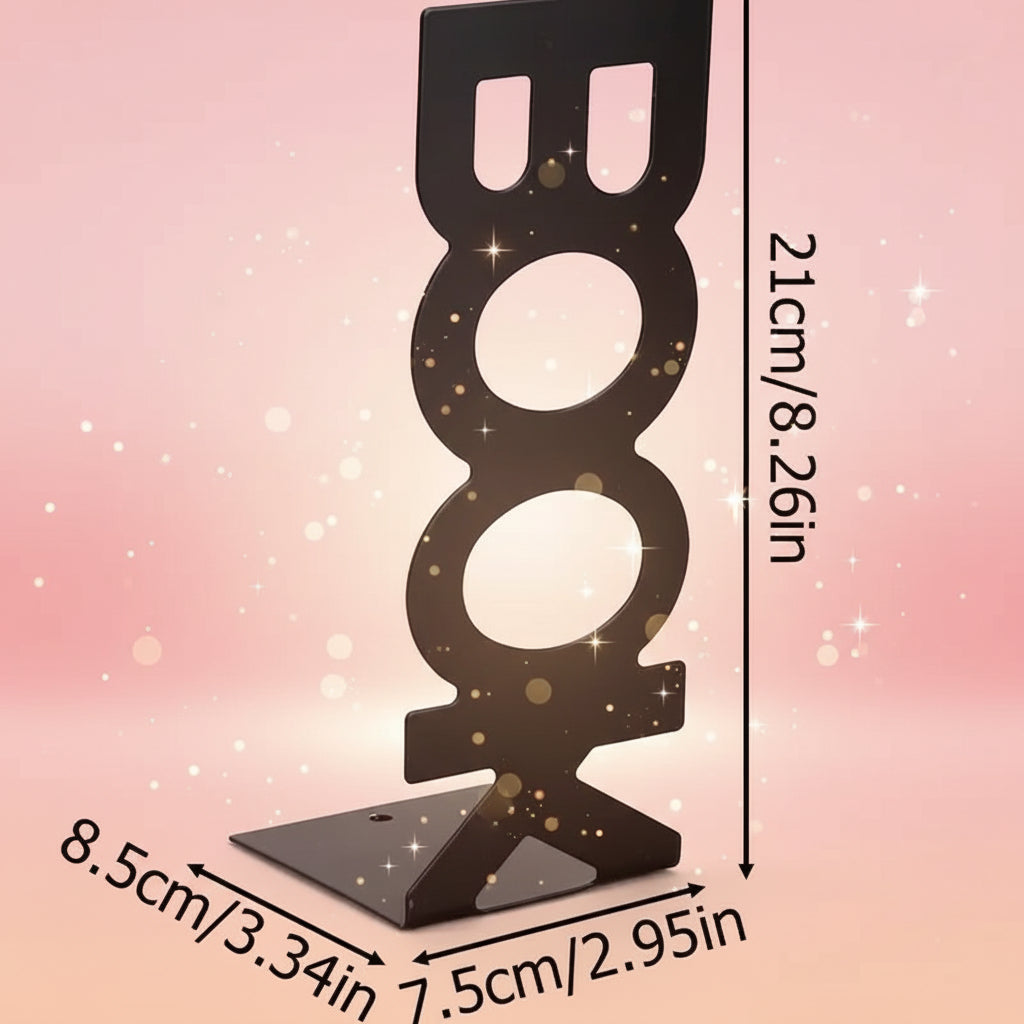 Black metal bookend shaped like the word 'BOOK' with dimensions indicated on a white background