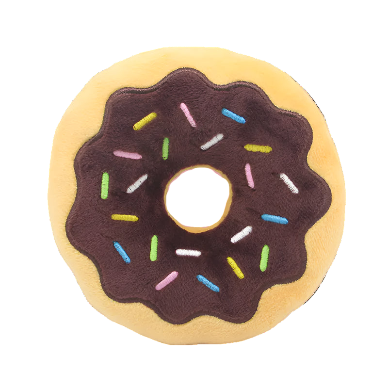Donut-shaped toy with chocolate frosting and colorful sprinkles on a white background