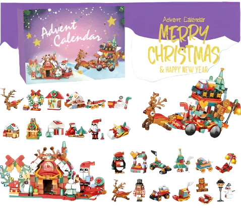 Christmas-themed building block set with an advent calendar and various festive pieces on a white background.