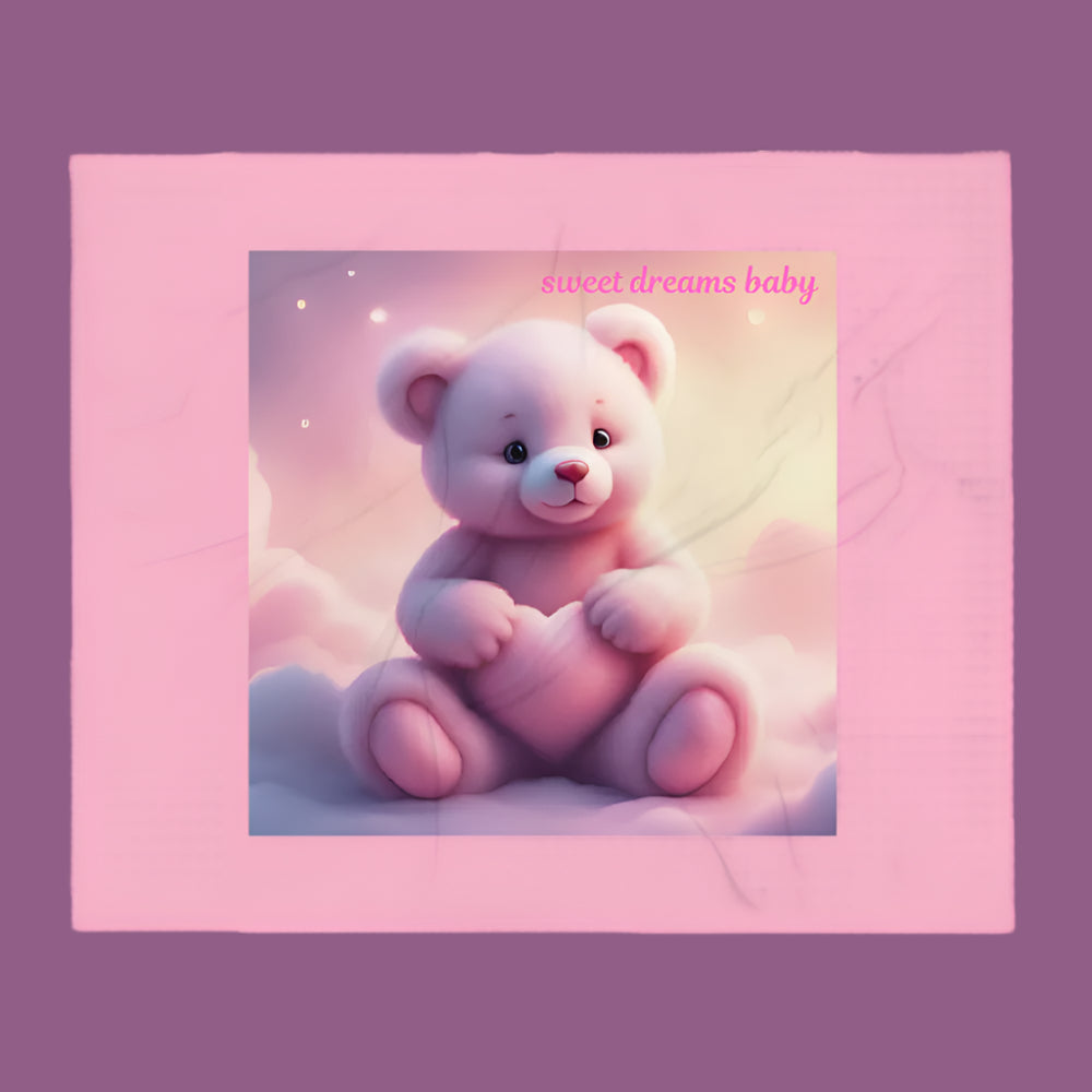 Pink teddy bear holding a heart with 'sweet dreams baby' text on a pink background