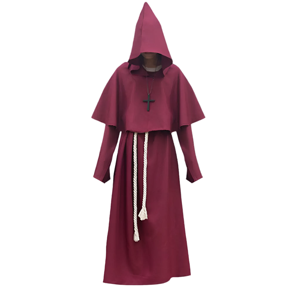 Maroon hooded robe with a cross pendant on a white background