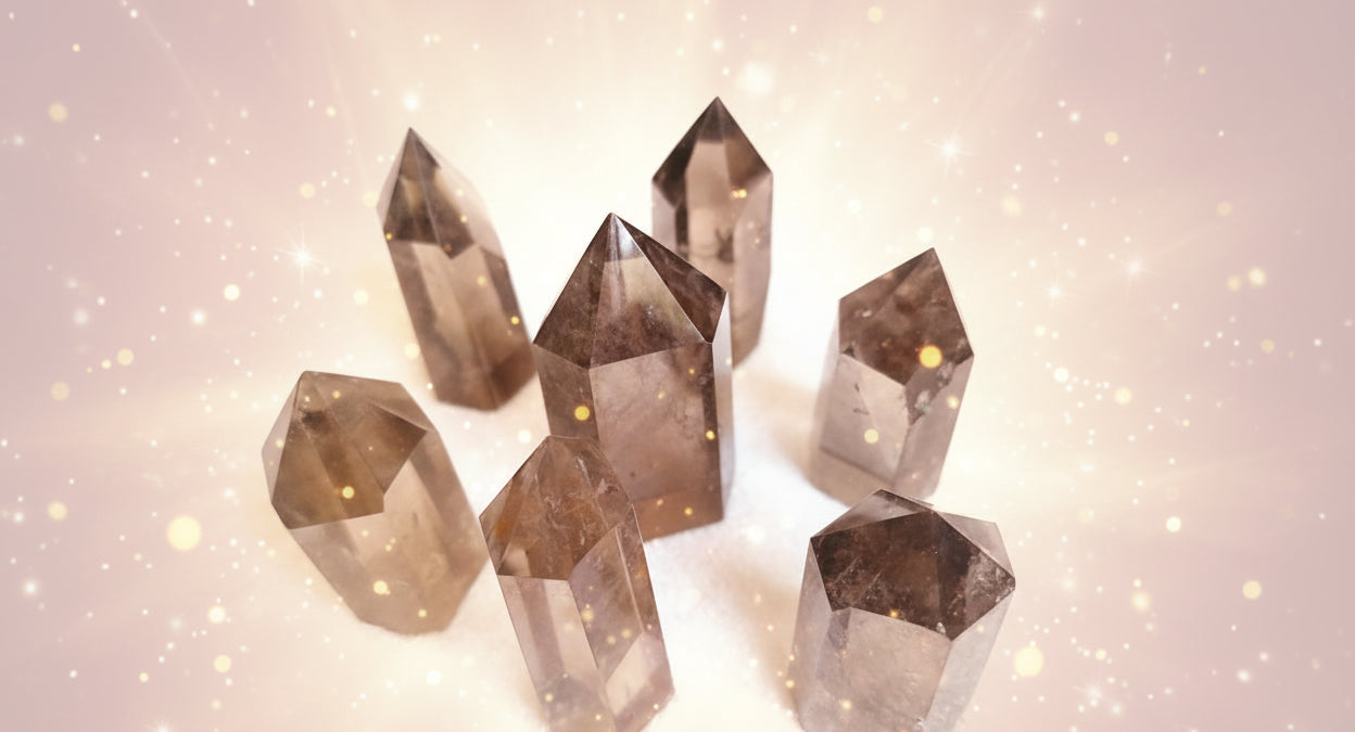 Set of eight smoky quartz crystal points on a white background