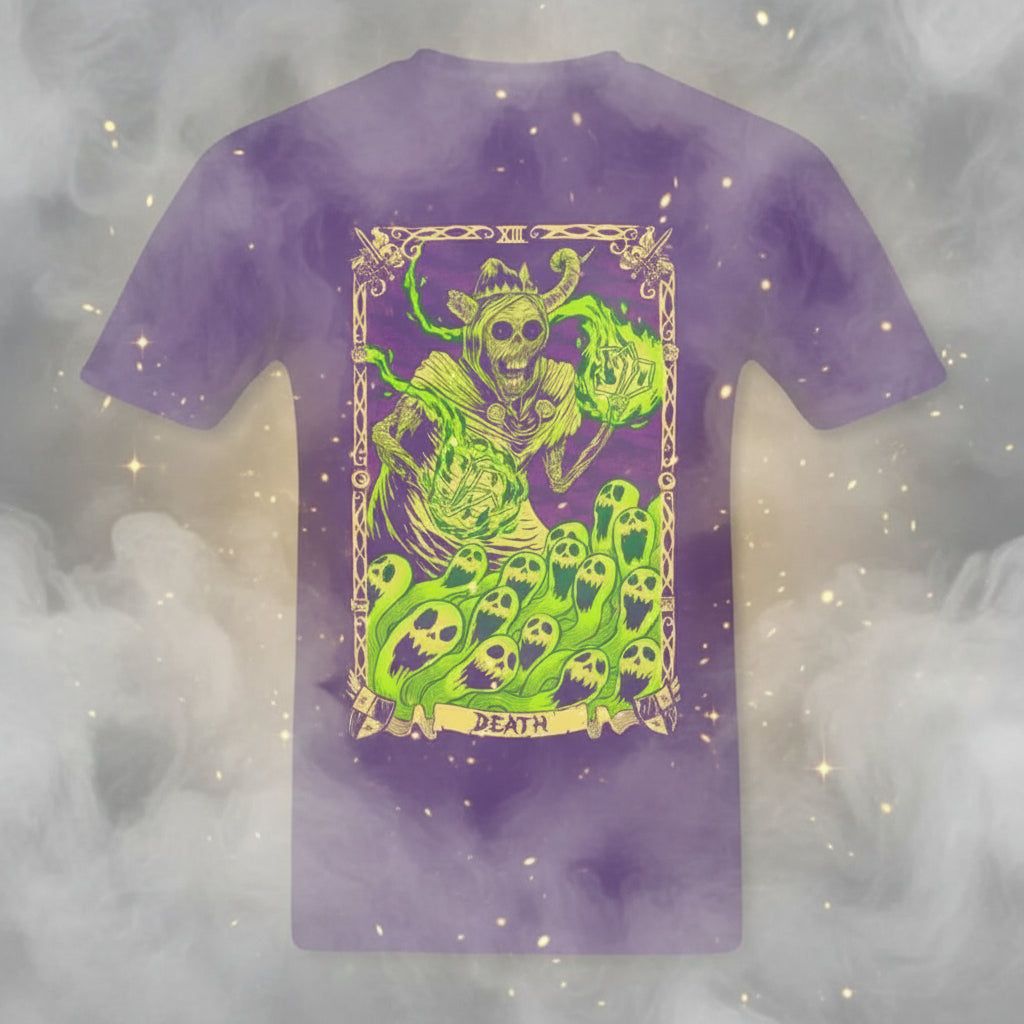 Purple t-shirt with a green graphic design of a skeleton and text on a white background