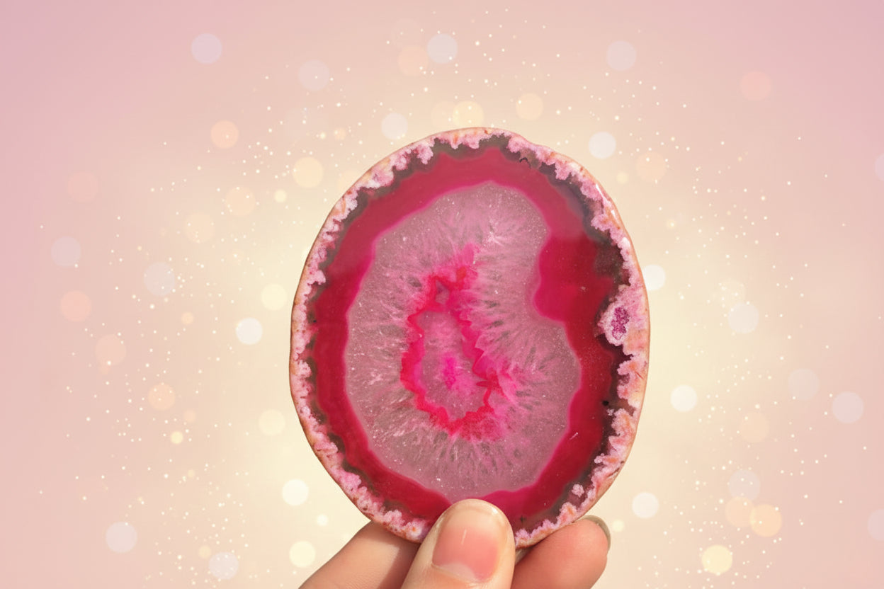 Person holding a pink and red agate slice with green foliage in the background
