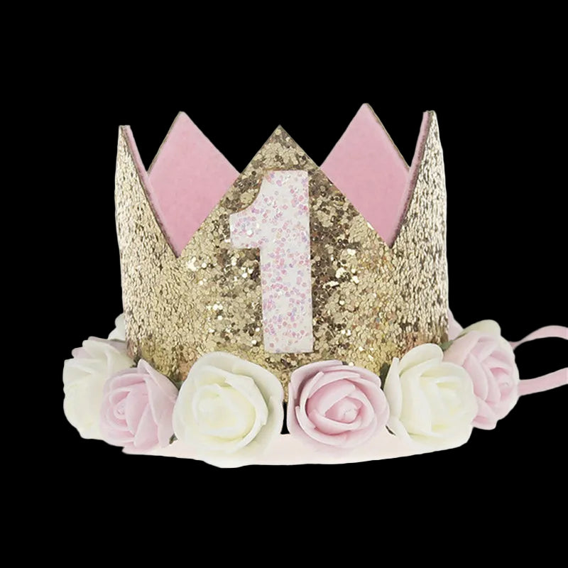 Gold and pink birthday crown with flowers on a white background