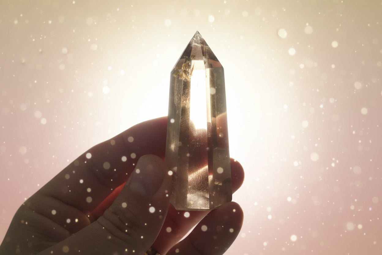 Clear crystal pyramid held in a hand with a blurred background