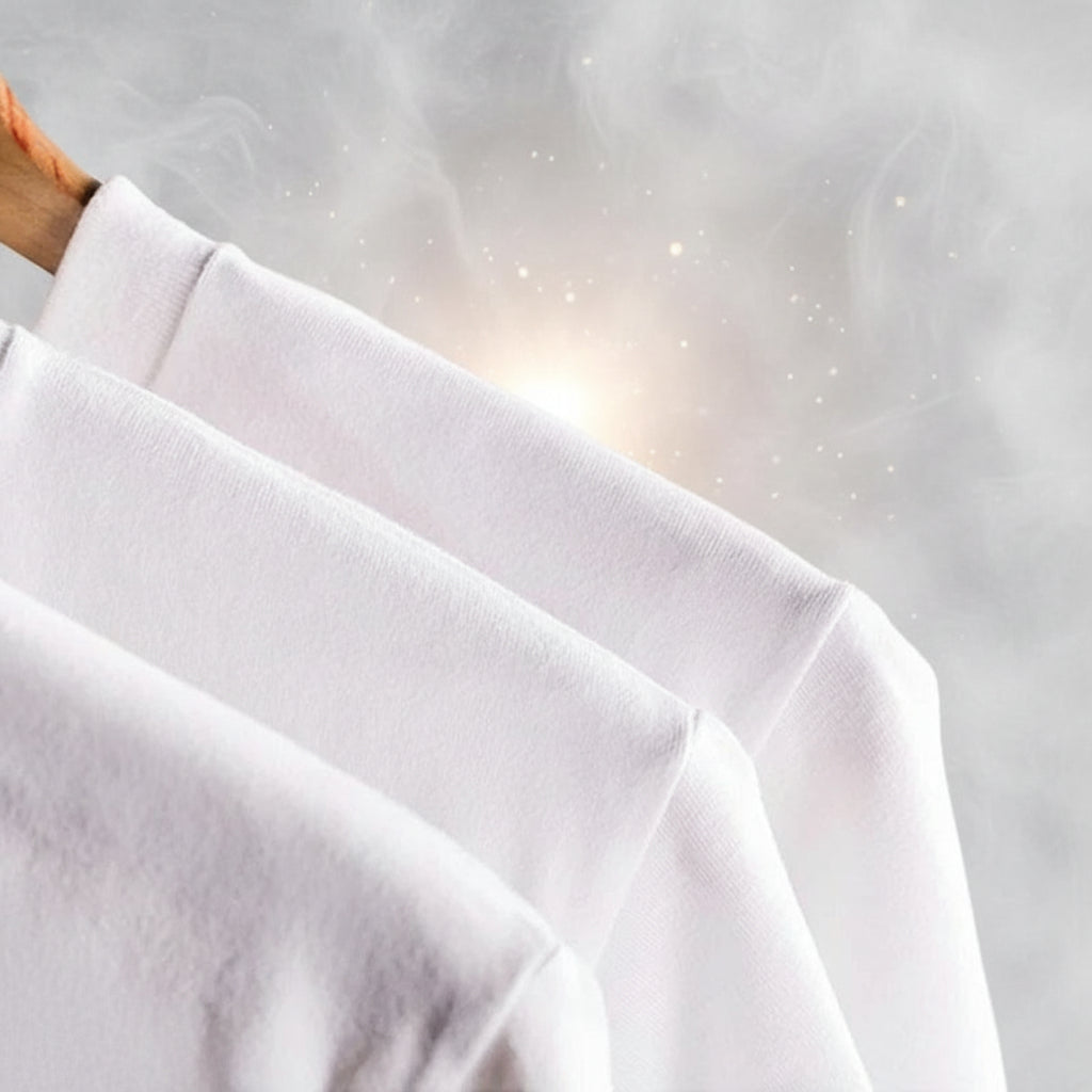 White sweatshirt on a wooden hanger against a gray background