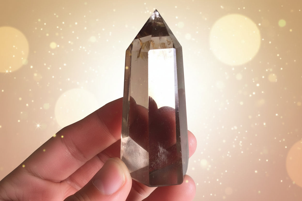 Clear crystal held in a hand with a blurred green plant and white surface in the background