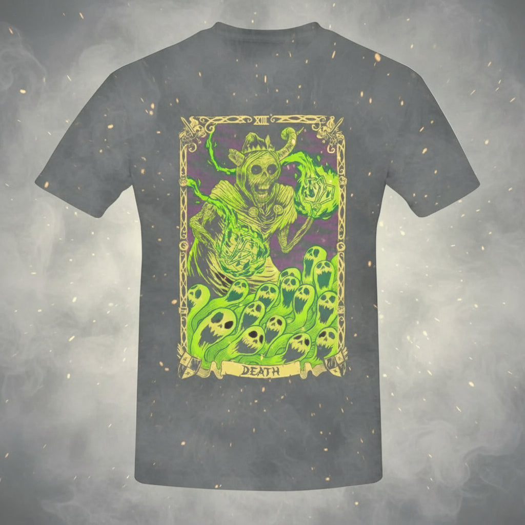 Gray t-shirt with a green and purple graphic design of a skeleton and text on a white background